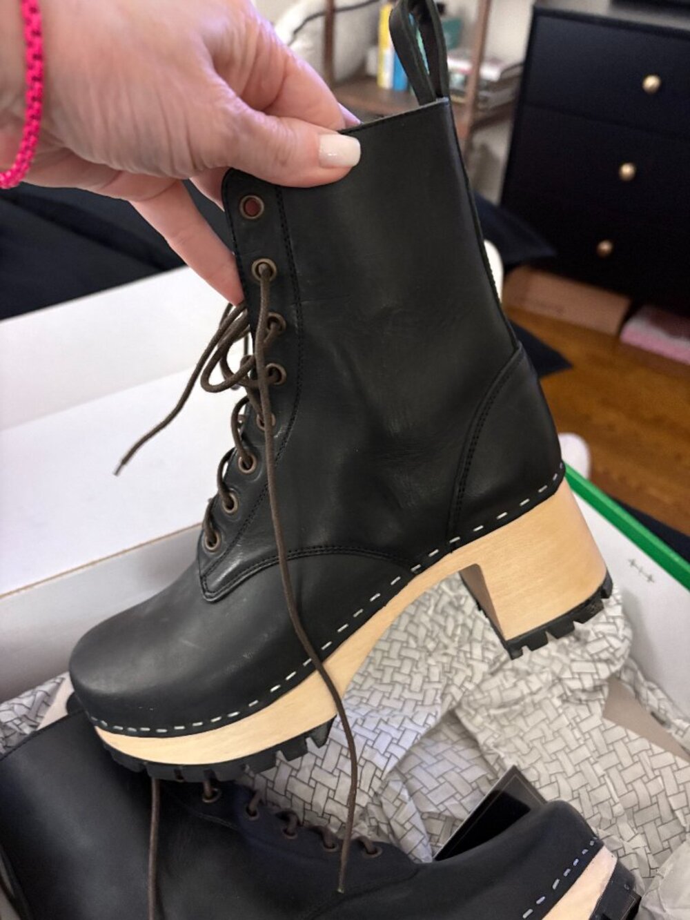 Swedish Hasbeens Hippie Lace-Up Clog Boots Size 38